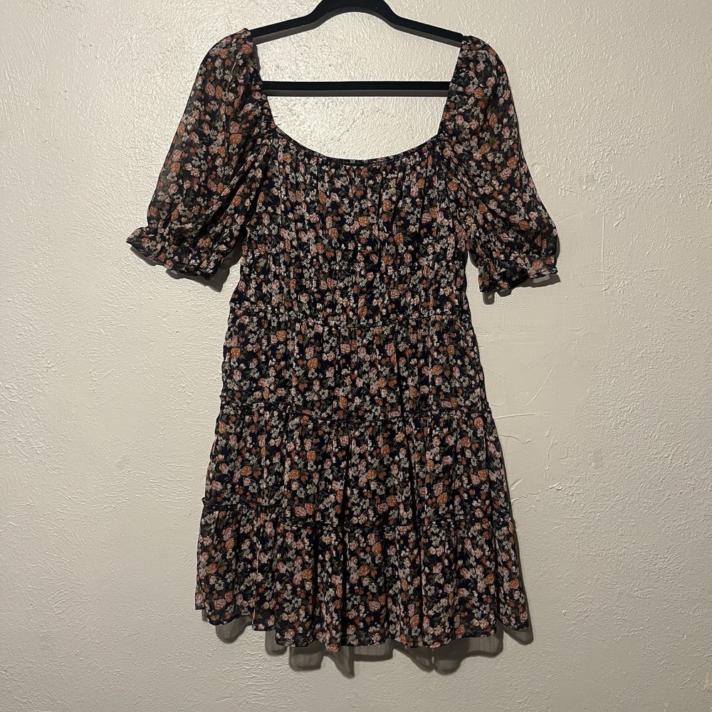 Trixxi Floral Mini Dress Womens Navy Blue Smocked Tiered Puff Sleeve Size L